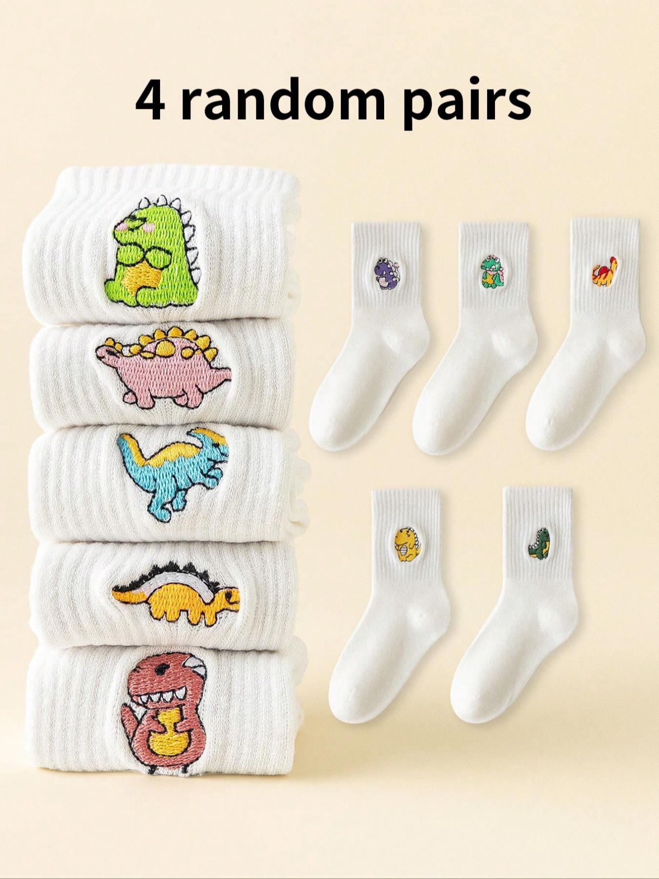 4 Pairs Kids Socks Cartoon Dinosaur Design, Unisex Mid-Calf Socks for Boys & Girls, Casual All-Season Wear, Random Colors