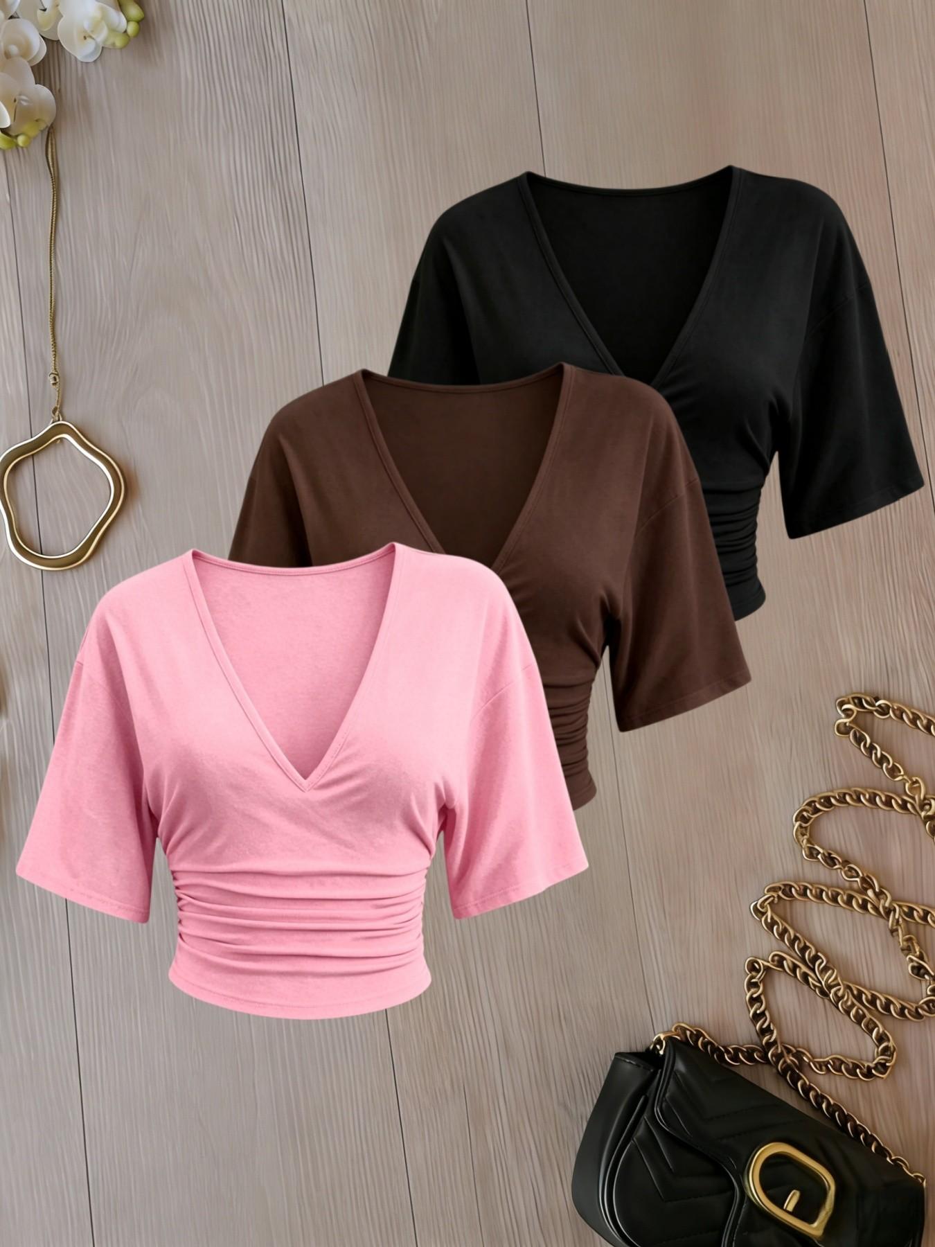 3 Pack Solid Color Ruched Crop Top for Women, Deep V Neck, Three-Quarter Sleeves, Slim Fit, Casual Chic Basic Minimalist T-Shirt