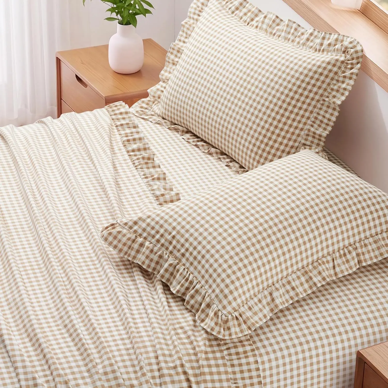 NSGZ Gingham Ruffle Queen Sheet Set, Taupe Microfiber Plaid Bed Sheets