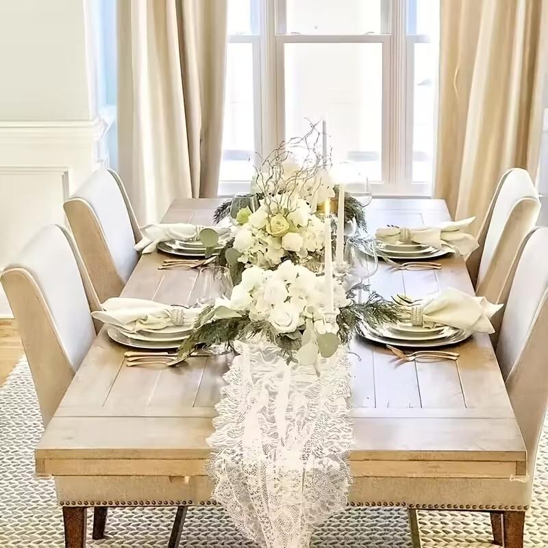 French Lace Table Runner Floral Edge Romantic Wedding Decoration, Elegant Linen Fabric Design, Perfect Gift Idea