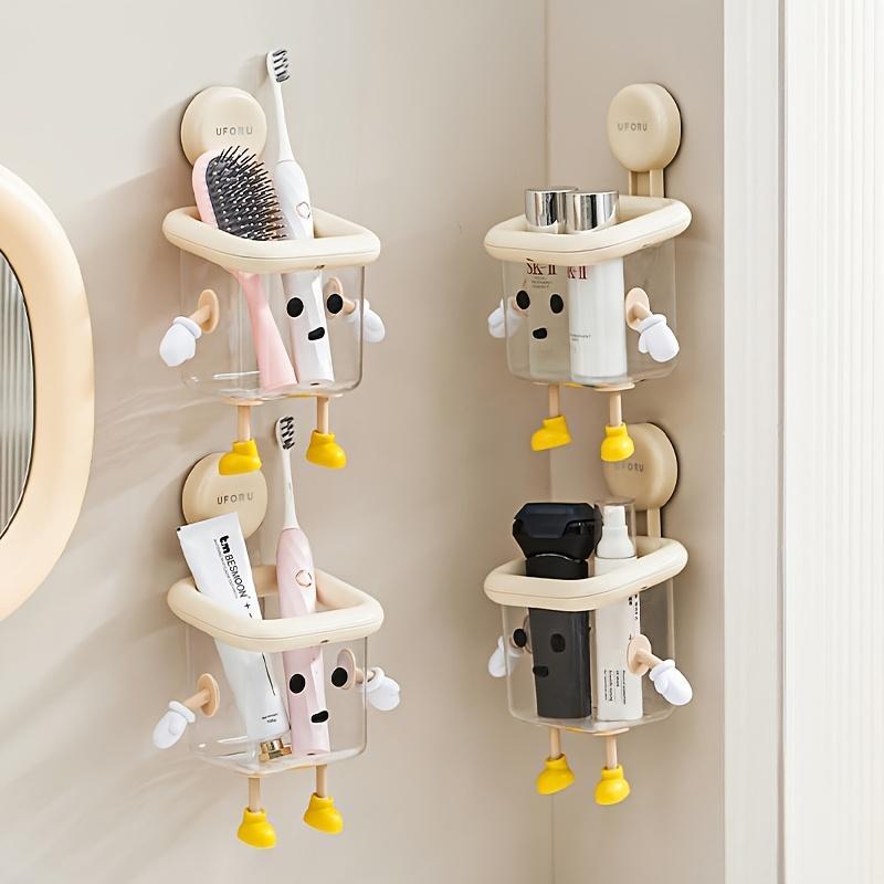 DIY Creative Cute Wall Mount Toothbrush Holder, No-Drill Suction Cup Bathroom Organizer with Multi-Sections for Toothpaste, Electric Toothbrush, Razor, Makeup Brushes, Kitchen Storage Supplies