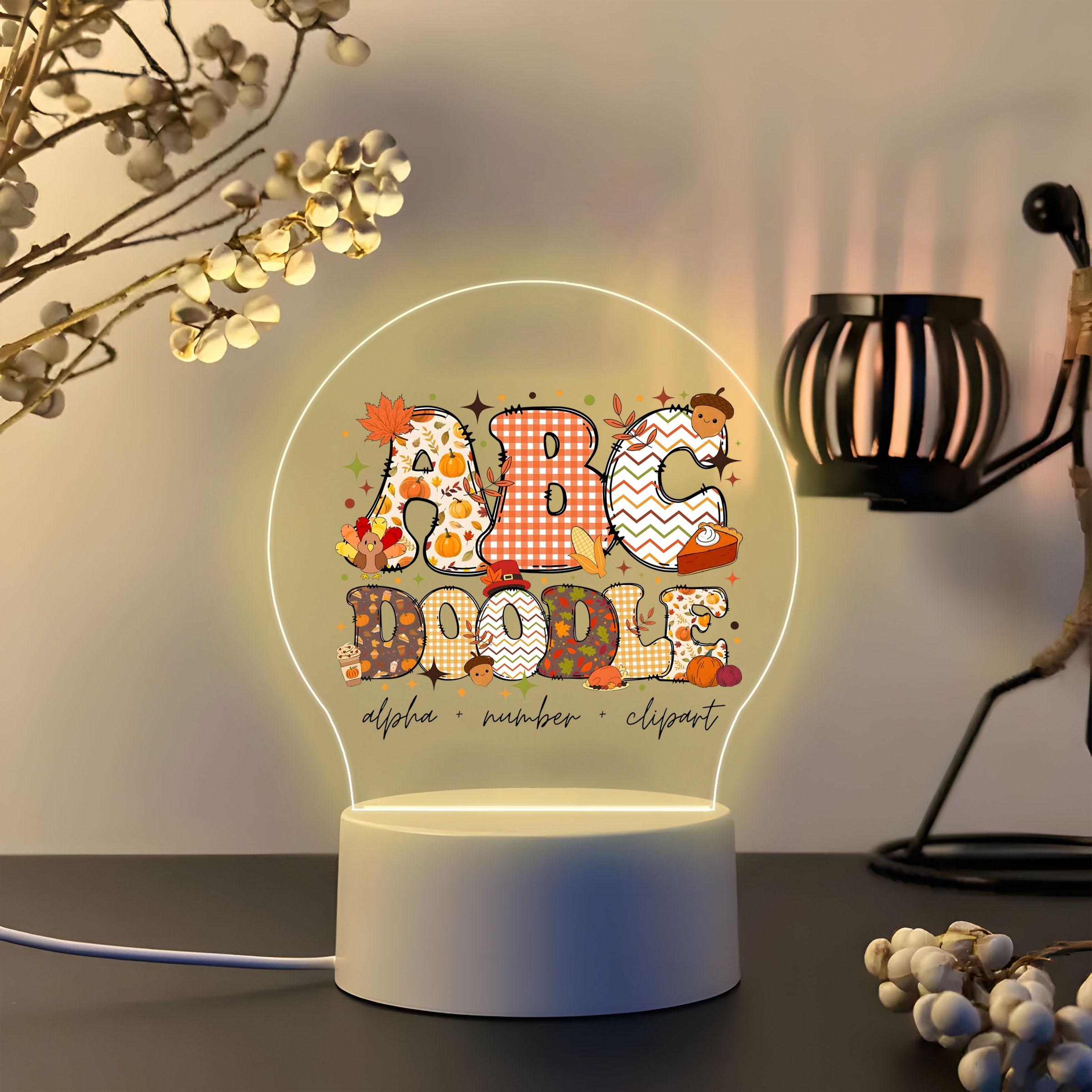 Acrylic Night Light with Thanksgiving Elements, Soft Warm Glow, Cartoon Hand-Drawn Style, Ideal for Kids' Room, Early Education, Gift