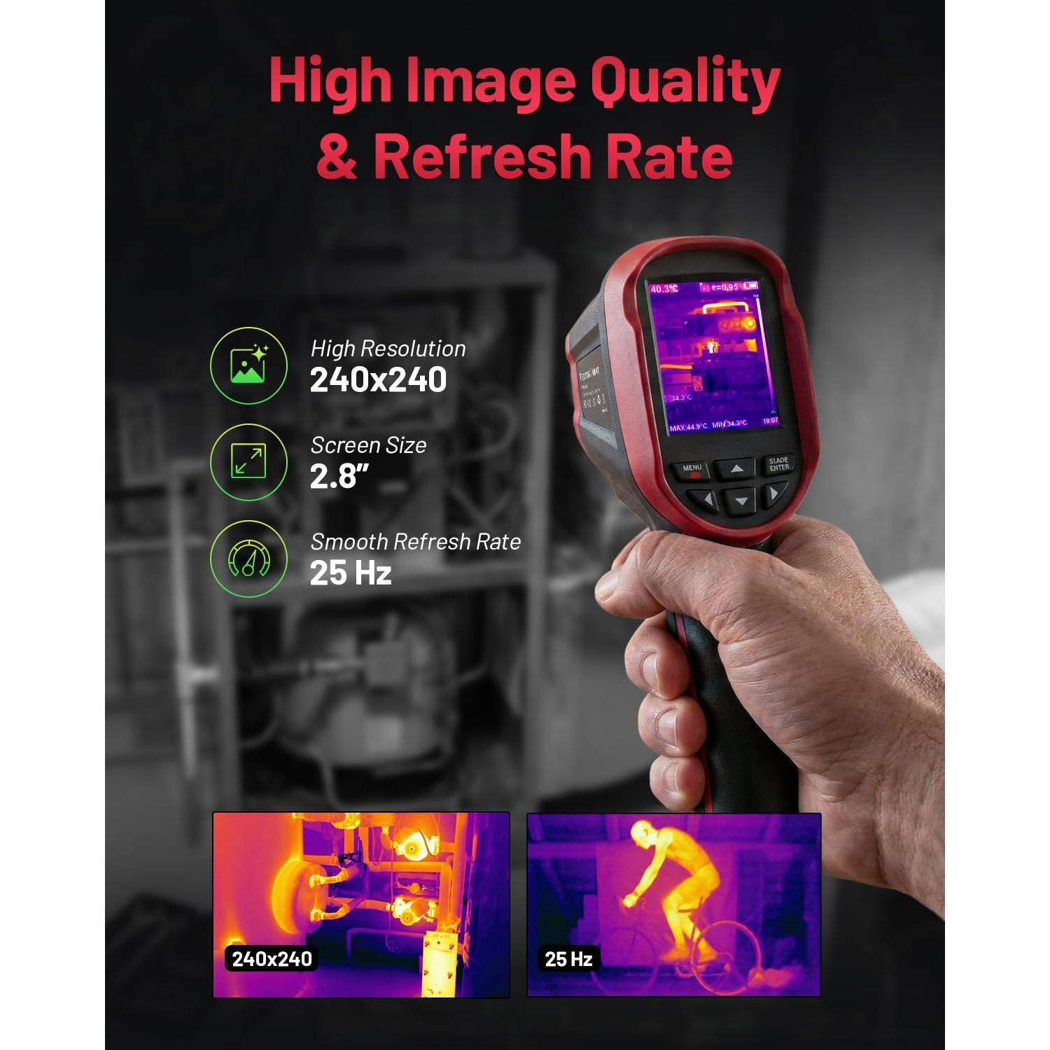 Thermal Camera, 240 x 240 TSIR Imaging Resolution, -4?F to 1022?F, 18-Hour  Life, 25Hz Mini Handheld  Camera, 2.8" Screen, LED Lamp, 16 GB, Temp , Auto Shutdown, IP54