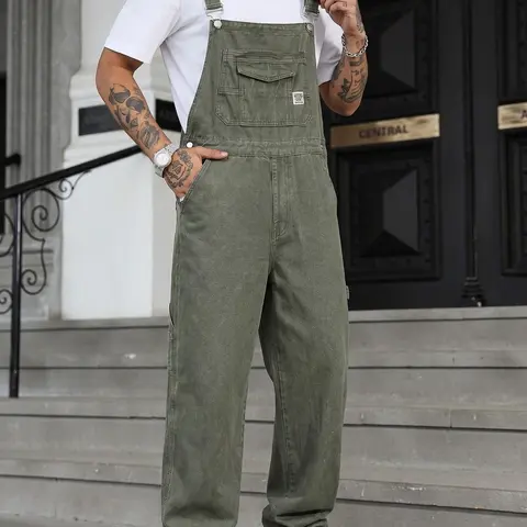 Men's Denim Workwear Fashion Overalls, Adjustable Shoulder Straps, Plain Design, Loose-Fit, Button Fly, Long Pants, Casual Street Style, All Seasons