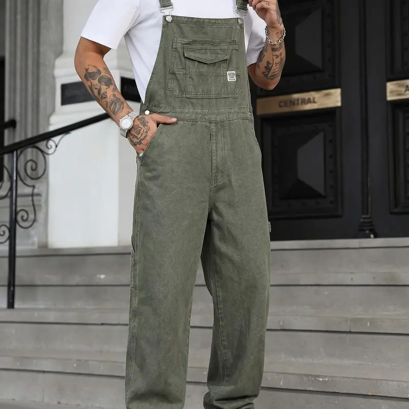 Men's Denim Workwear Fashion Overalls, Adjustable Shoulder Straps, Plain Design, Loose-Fit, Button Fly, Long Pants, Casual Street Style, All Seasons