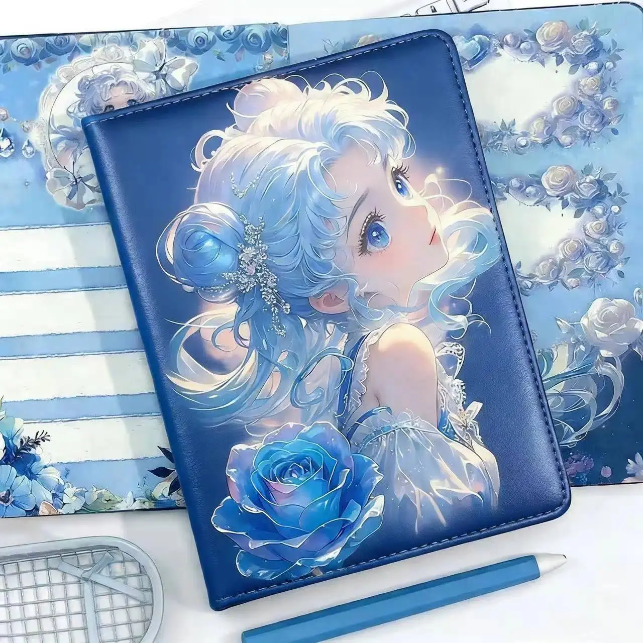 Bestselling Blue Rose & Pretty Girl Leather Notebook, High-value Cartoon Horizontal Line Notebook, Account Book & Notepad for St