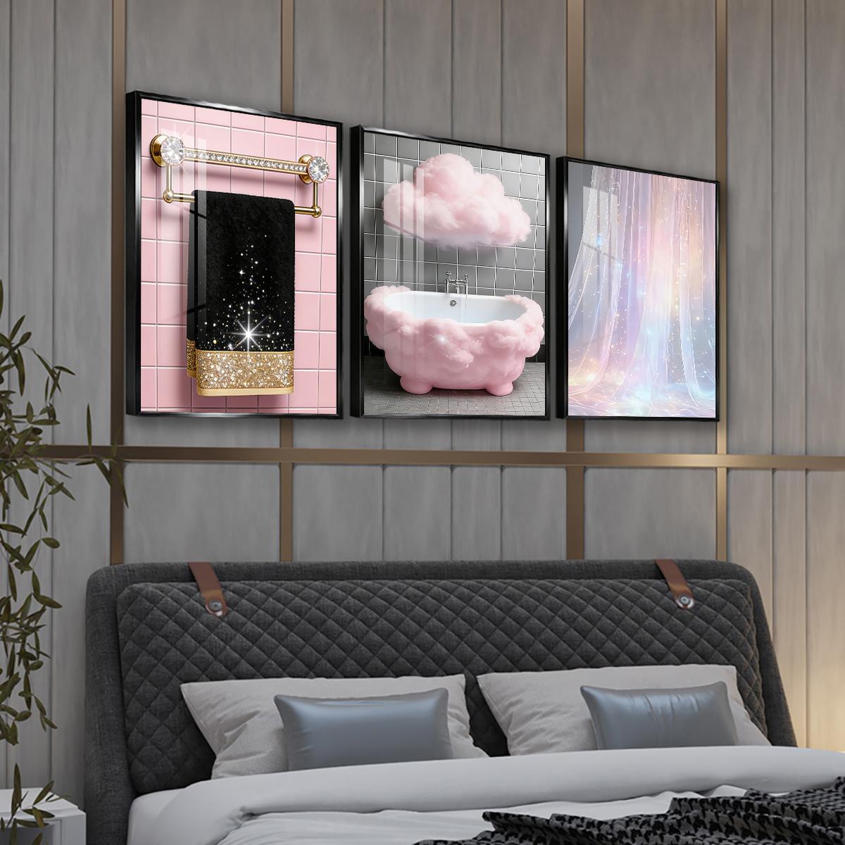 3 Counts Aluminum Alloy Framed Painting, Sparkling Bathroom Luxury Cloud And Curtain Art Pictures, Home Decoration For Living Room, Bedroom, Office, Restaurant, Hallway Wall Decor, Odorless Print Artwork, Luxury Perfect Gift For Friends And Family