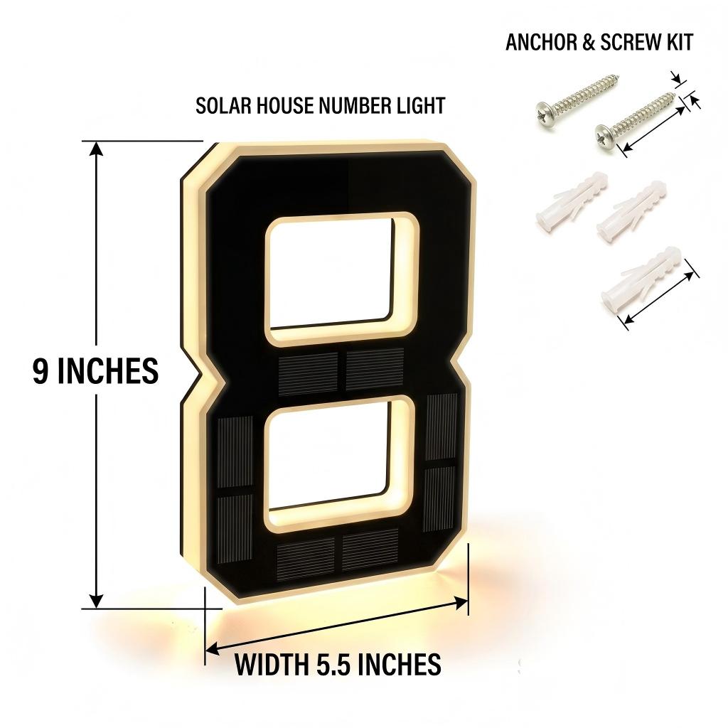 Solar Lighted House Numbers 9 Inch Waterproof LED Address Signs for Outside Modern House Numbers with Large Personalization Options,Decorate your door number, DIY personalisation.Modern Farmhouse Illuminated Sign Light