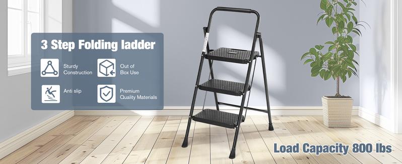 2/3 Step Ladder, 800lbs Sturdy Portable Ladder, Folding Step Stool with Wide Anti-Slip Pedal, Cushioned Handle, Lightweight Step Stool for Home Kitchen and Outdoor