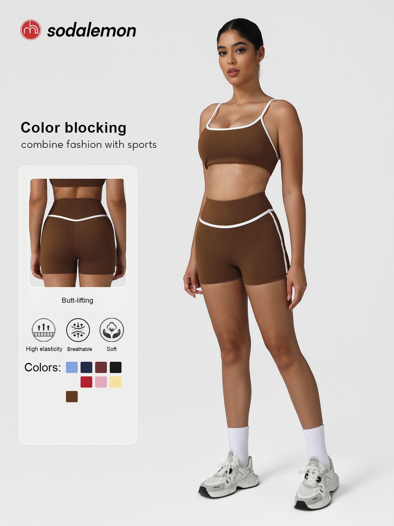 Sodalemon Women's Contrast Binding Crop Sports Bra & High Waist Shorts Sportswear Set, Breathable Comfortable Outfits Gym Sets for Yoga Gym Workout Running, Ladies Sportswear for All Seasons, Yoga Clothes Set