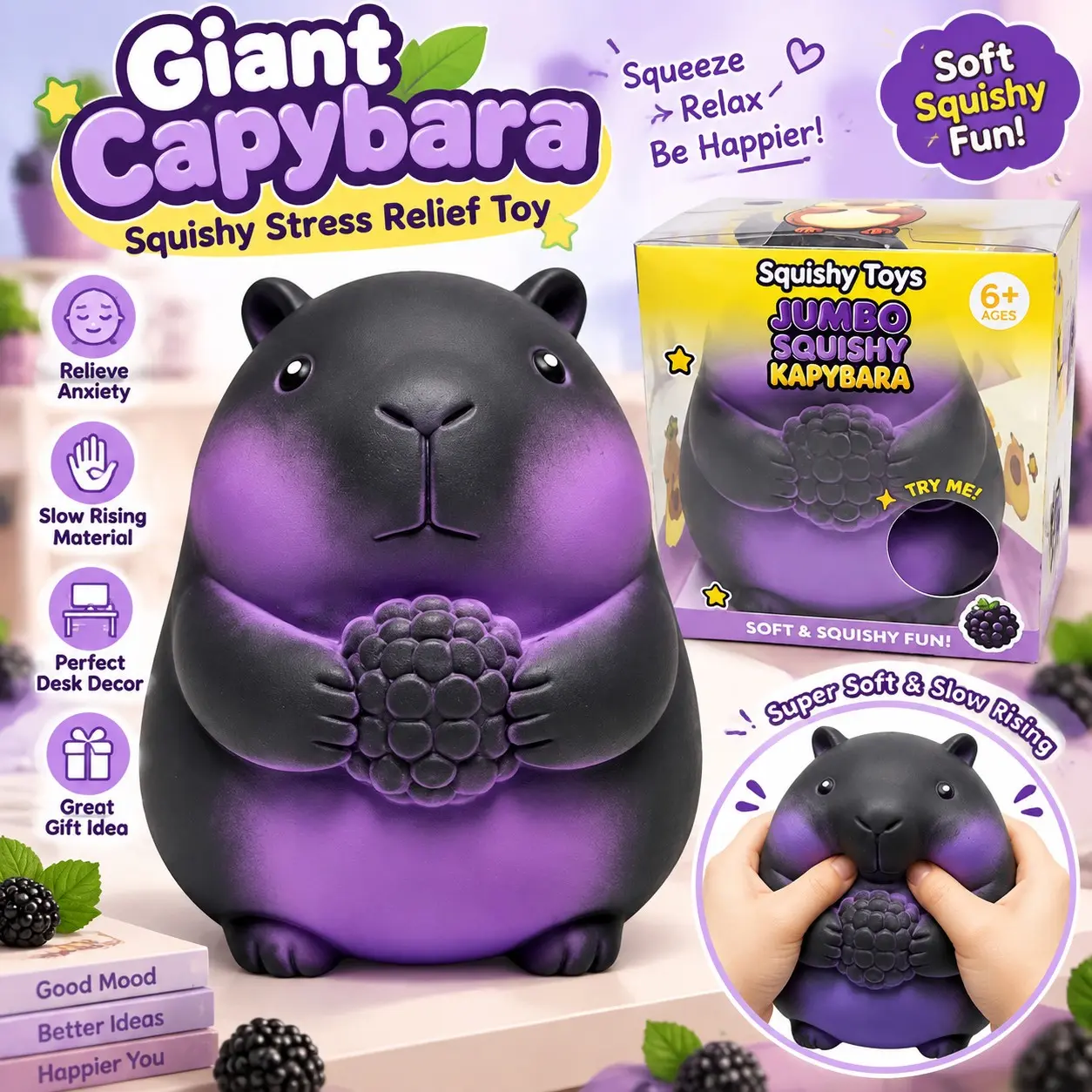 Giant Capybara Squishy Stress Relief Toy, Fidget Squishies, Slow Rising Soft Fidget Toy for Anxiety Relief, Desk Decor Accessory, Creative Holiday Gift, Perfect Present for Teens & Adults, Gift Box Packed