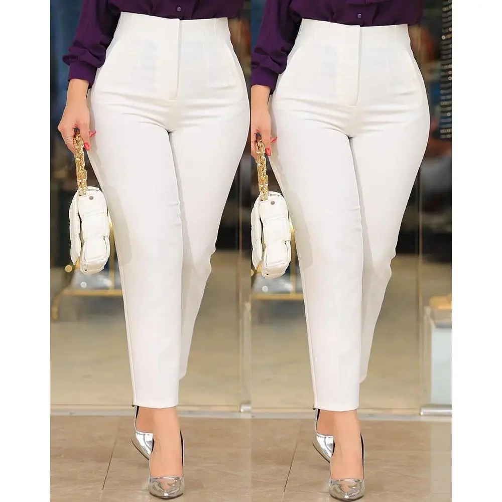 Women High Waist Slim Straight Leg Pants Solid Color Ankle Length Business Office Casual Dress Trousers