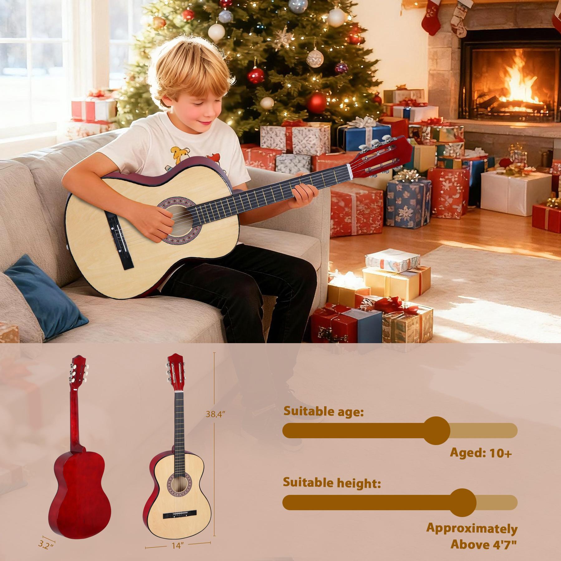 ZENY 38-in Kids Acoustic Guitar Starter Kit 6 Strings W/Case, Strap, Tuner, Pick - Natural
