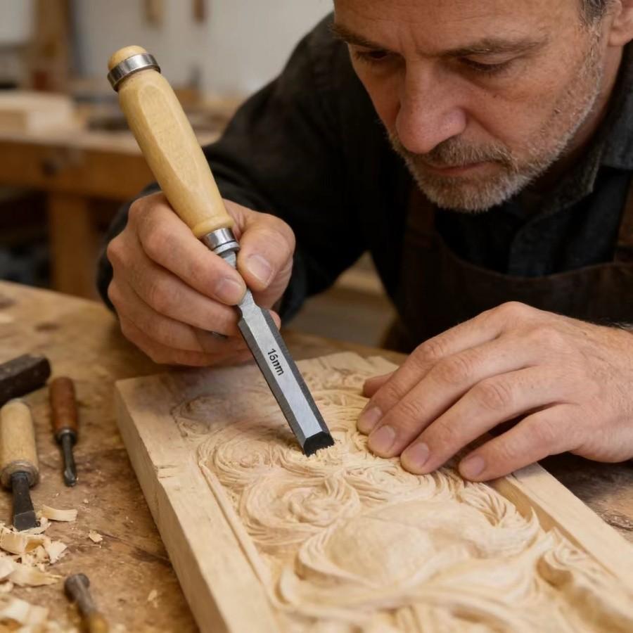 4-Piece Wood Chisel Set, High Carbon Steel with Birch Handle, 6/12/18/24mm, Ideal for Carving and Cutting, DIY and Professional Use