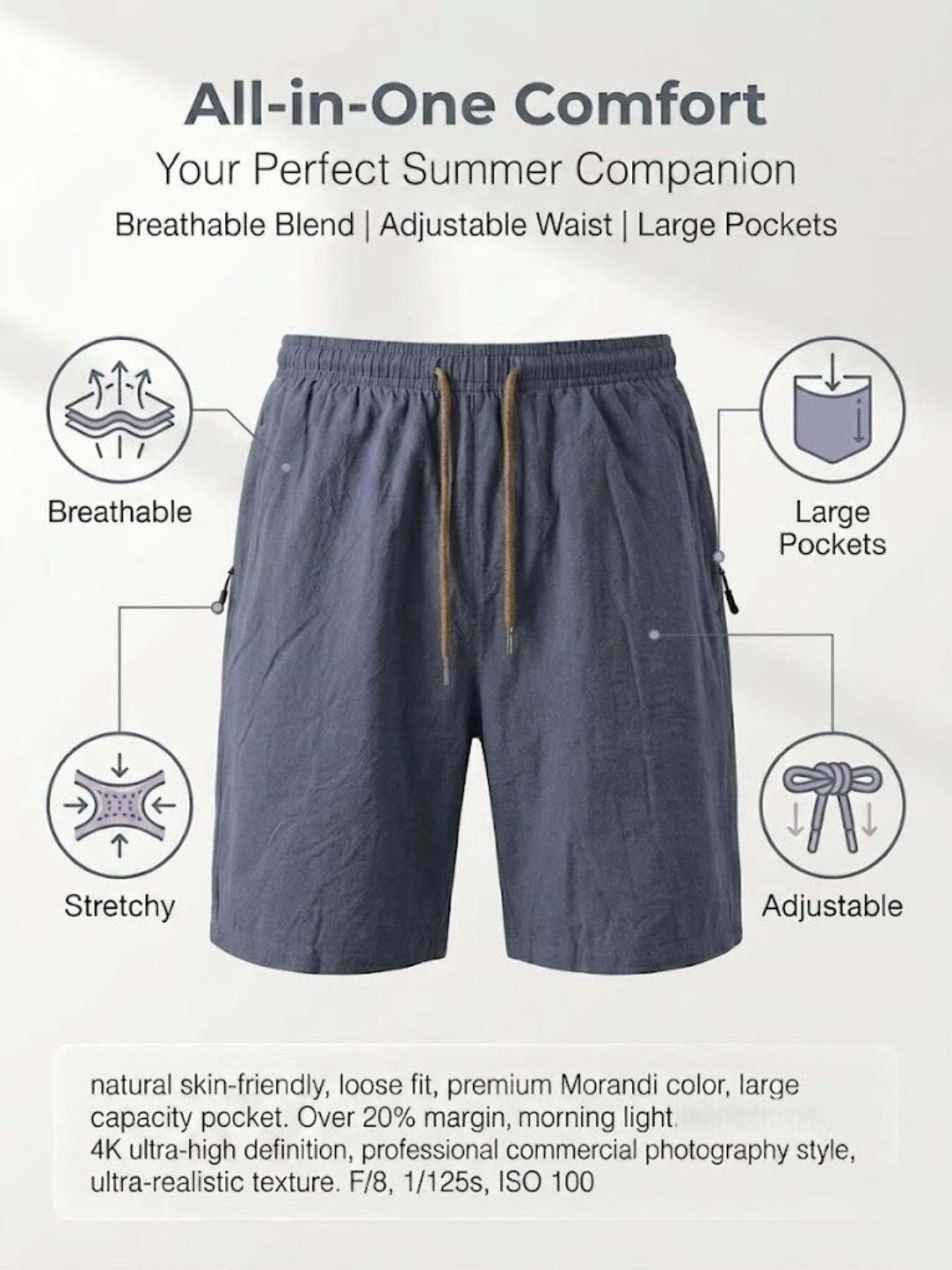 Men's Loose Fit Casual Shorts, Metal Drawstring Zip Pockets, Summer Fashion for Daily Wear, Gym, Outdoor Activities, No Ironing Needed