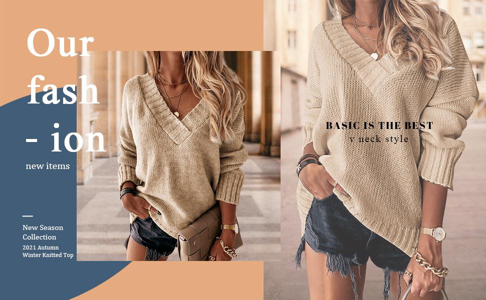 lmily Bela Womens Loose Sweaters Sexy V Neck Long Sleeve Solid Knitted Jumper Pullover Sweatshirt Tops