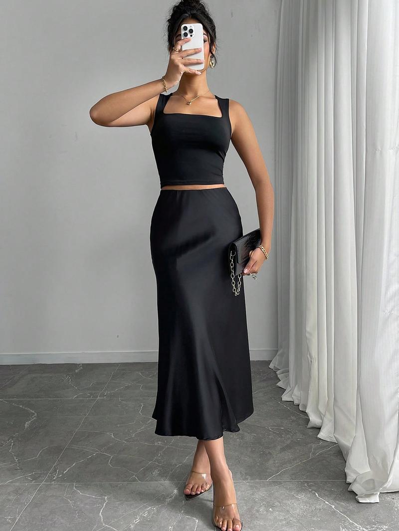 Elegant High Waist Satin Midi Formal Fashion Skirt, Spring & Fall Fashion, Slimming Solid Color Design, Women's Stylish Clothing