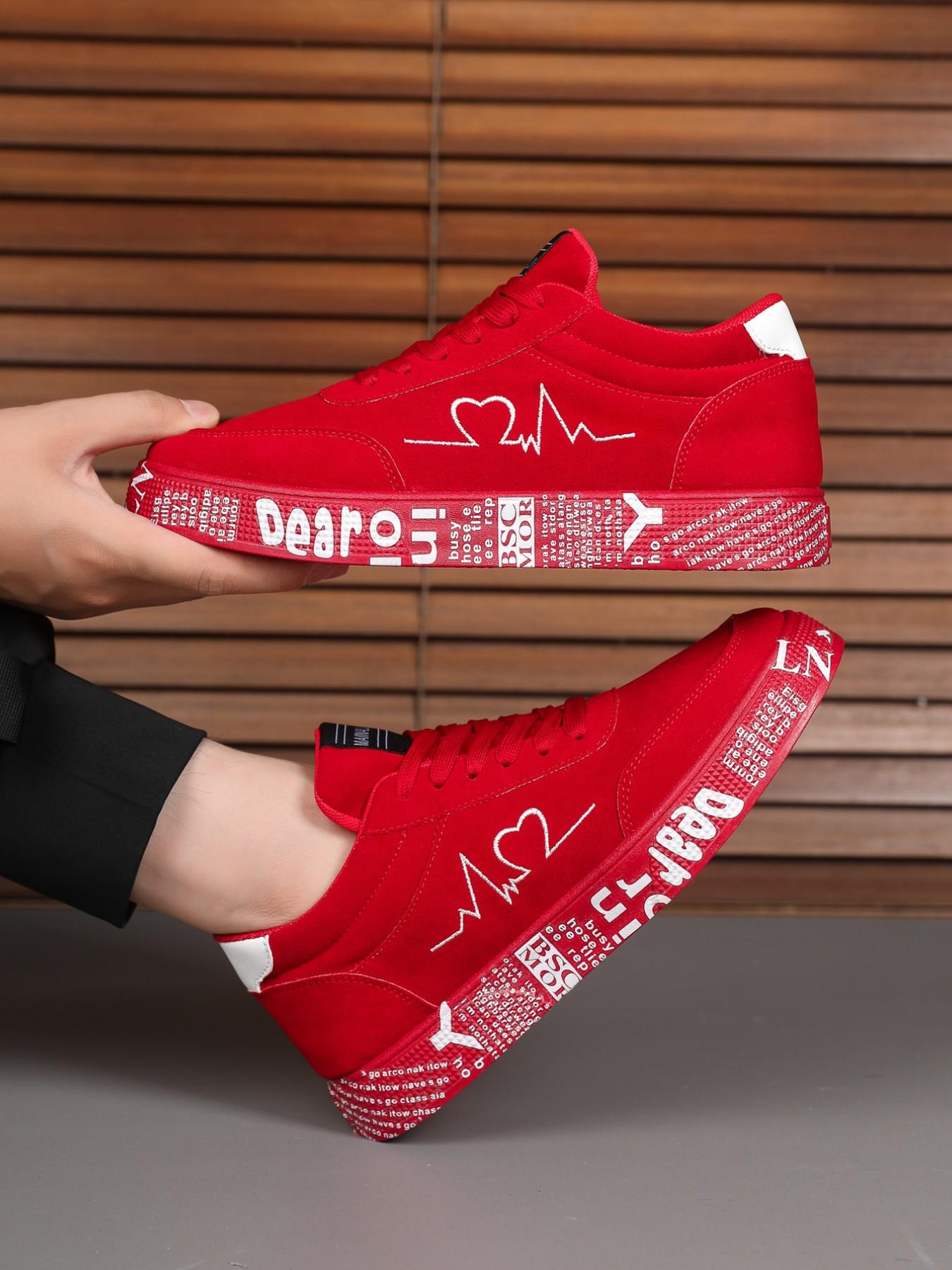 Valentine's Day Unisex Graffiti Print Thick Sole Ice Skates, Solid Color Lace-Up Low Top Running Shoes, Casual Fashion Sports Sneakers