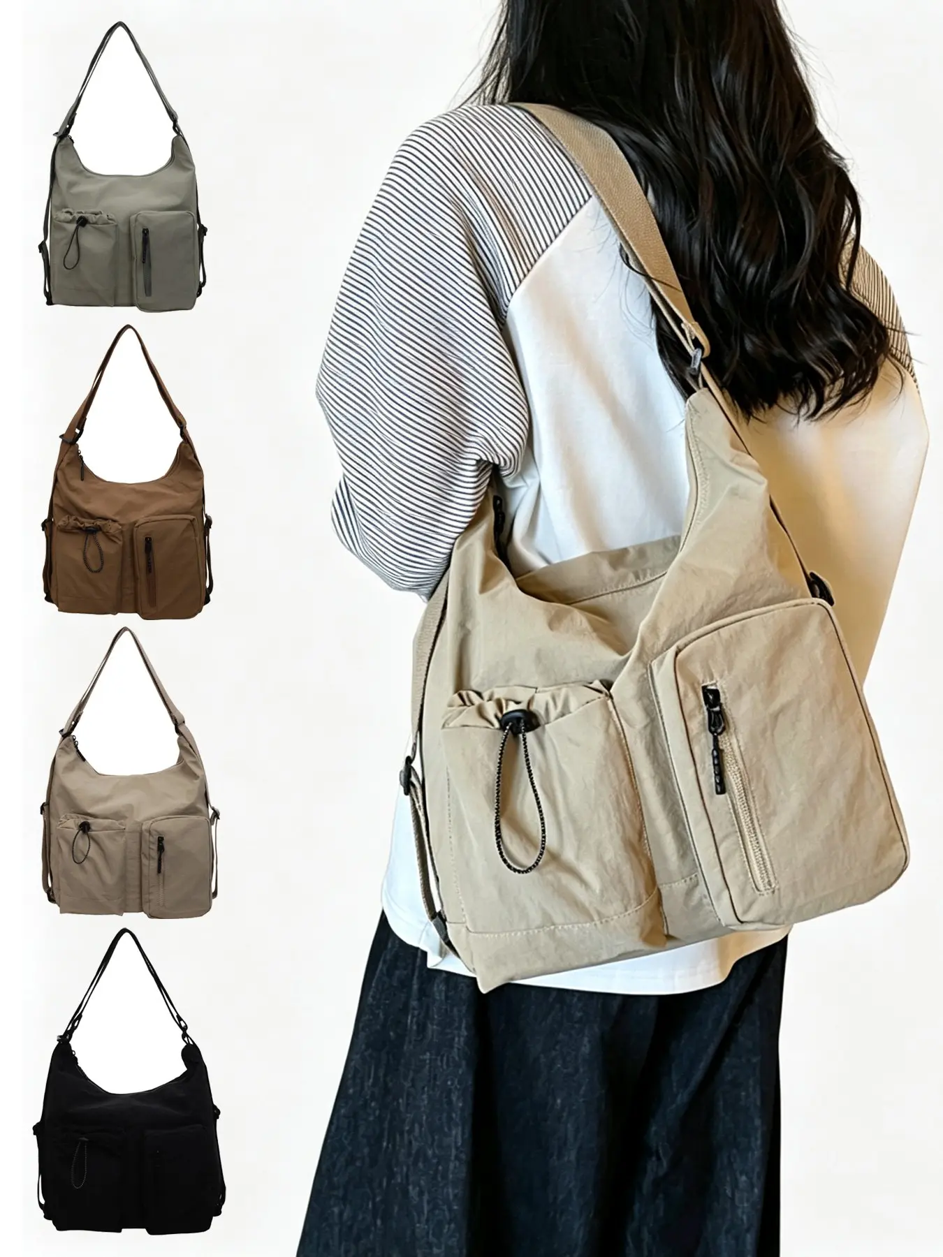 Unisex Multi-Pocket Convertible Tote Backpack, Lightweight Waterproof Nylon Crossbody Bag, Fits 11-Inch Tablet, Adjustable Strap for Students