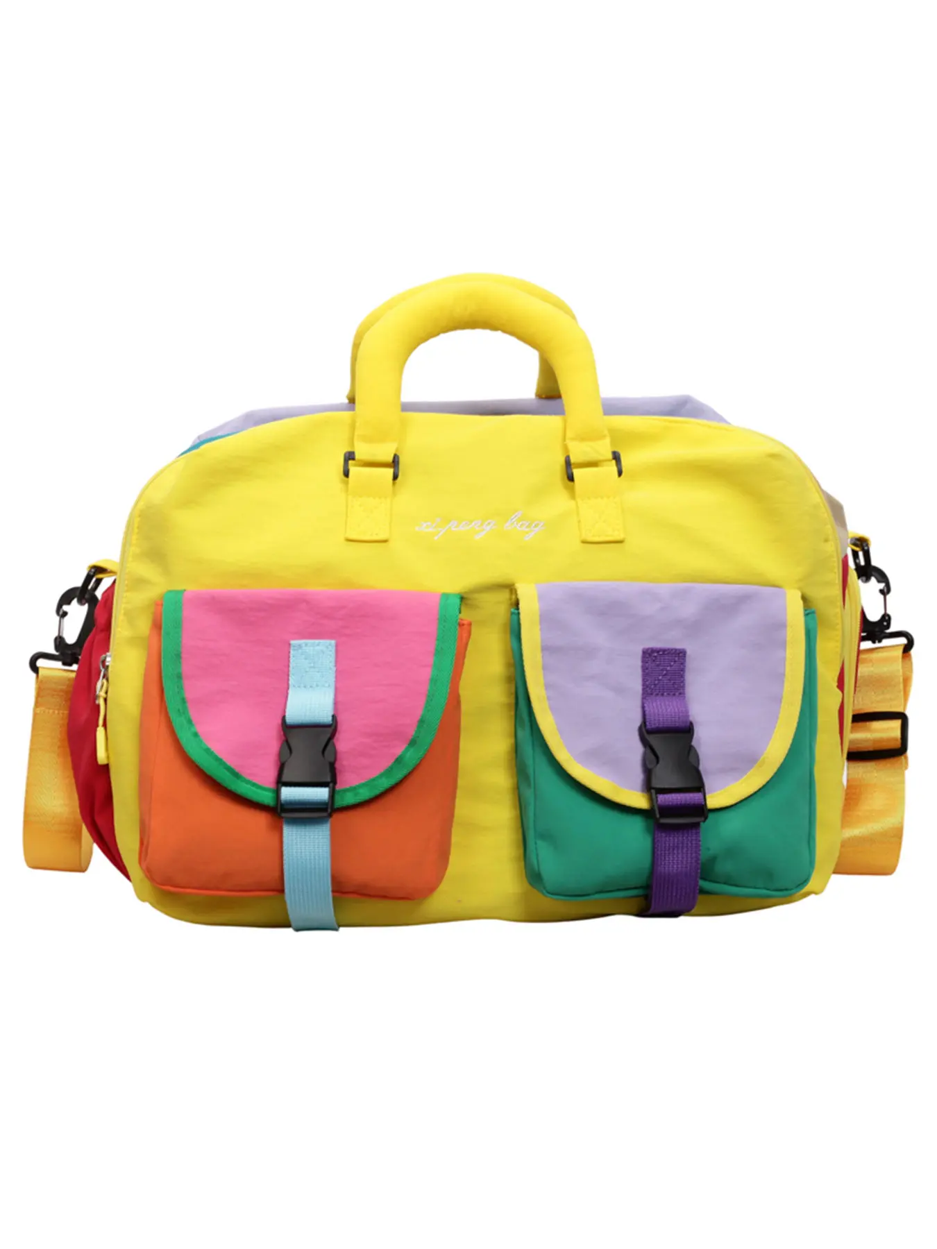 Vibrant Colorblock Duffel Bag, Lightweight Nylon, Large Capacity, Shoe Compartment, Detachable Strap, Ideal for Travel & Gym