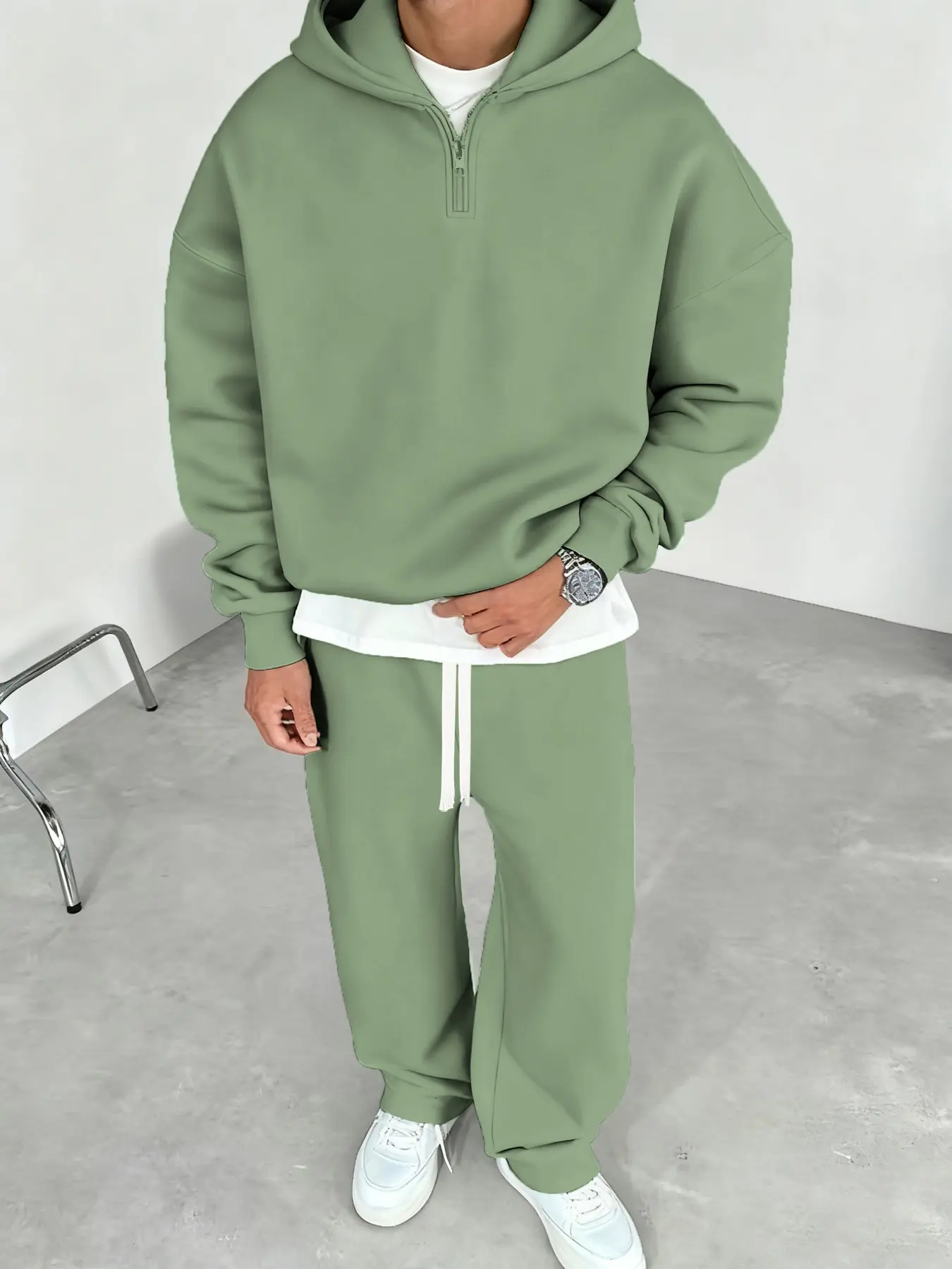 Men Tracksuit 2 Piece, Clean Fit, Half Zip Hooded Sweatshirt, Straight Leg Sweatpants, Streetwear, Athletic Set, Everyday Wear