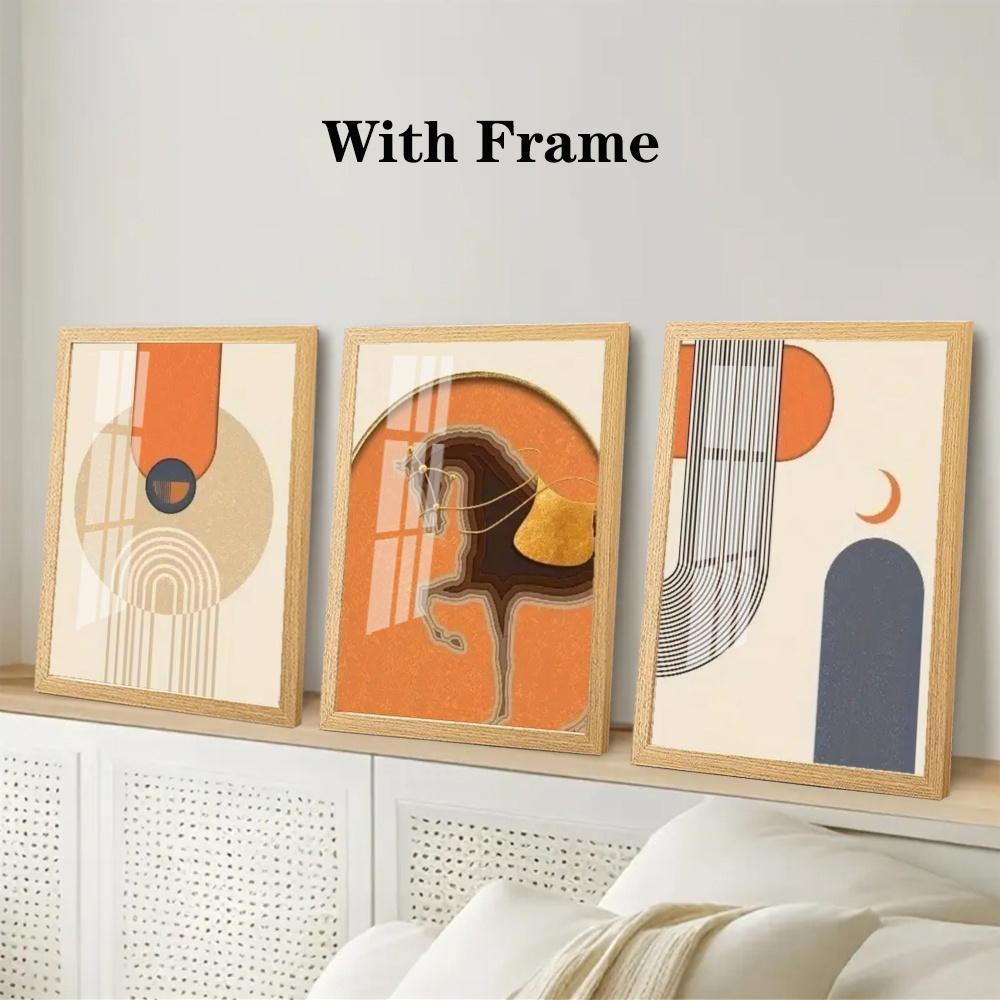 3-Piece Optional Wooden Frame Modern Bohemian Abstract Geometric Line Art Poster Waterproof Material HD Color Print High Color Accuracy Room Entrance Dining Decor