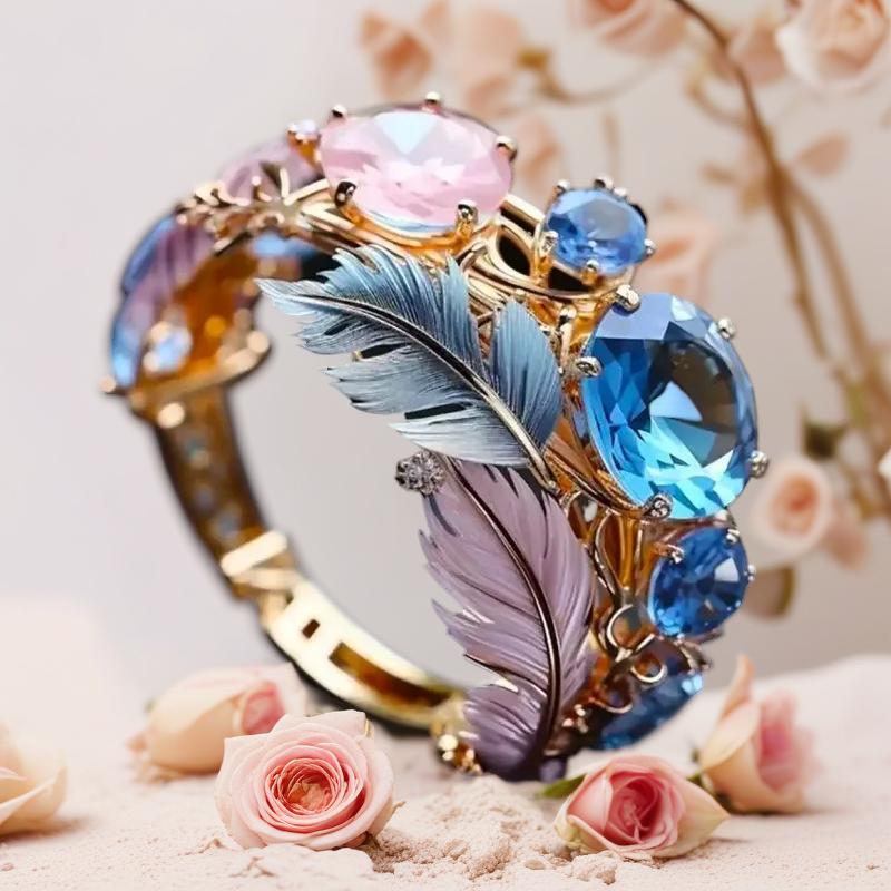 Embossed Colorful Feather Ring, Unique Exquisite High‑End Statement Jewelry
