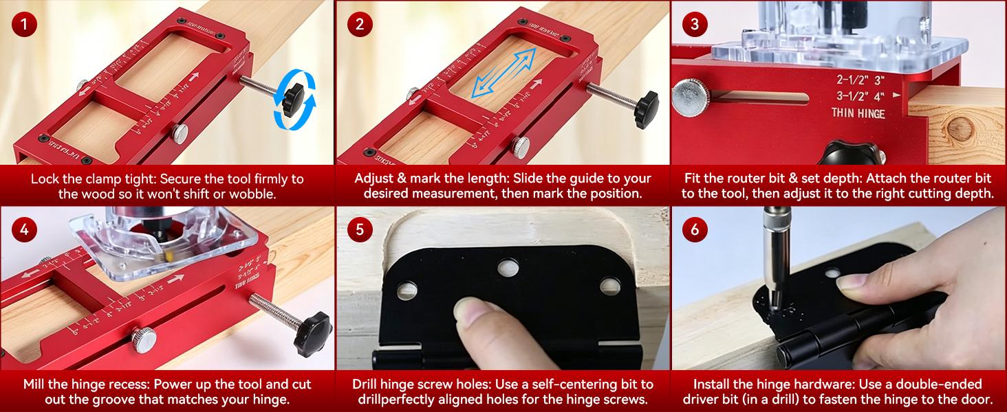 Door Hinge Jig – Aluminum Alloy Cut-Out Tool for Door & Cabinet Hinges, Mortise Jig Fits 2.5" to 5" Hinges, Works with 1/4" and 5/8" Radius and Square Corners