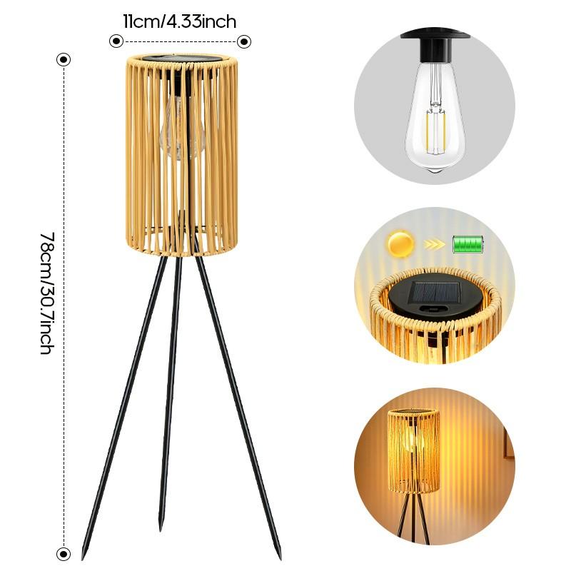 Solar-Powered Outdoor Floor Lamp Handcrafted Wicker Lantern Wrought Iron Tripod Lantern Housewarming Gift Rustic Indoor/Outdoor Decorative Lamp Garden Camping Party Atmosphere Light Light Source Sensor