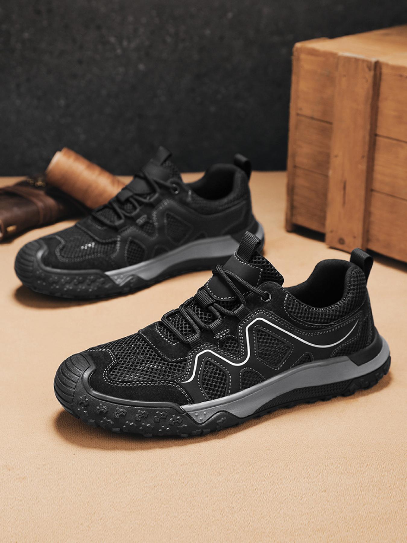 Men's Solid Color Mesh Breathable Outdoor Hiking Shoes Drawstring Toe Cap Trekking Shoes Non-Slip Wear-Resistant Casual Sneakers