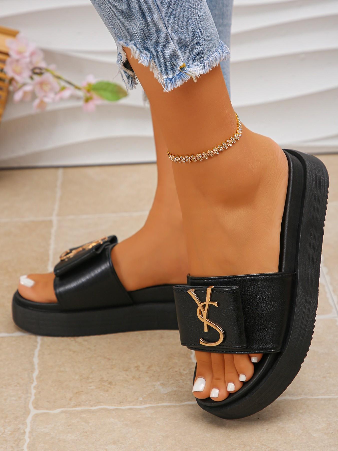 Women's Thick Sole Platform Sandals, Summer Indoor Outdoor Fashion, PU Leather, Rubber Sole, Plain Pattern, Trendy Slippers, Beach Shoes