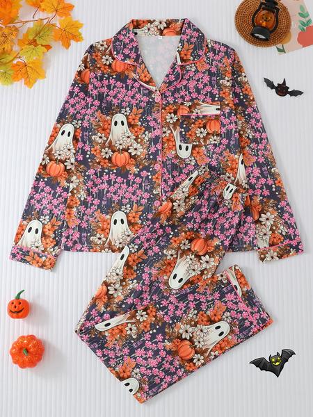 Women's Halloween Pumpkin Bat Print Pajama Set, Lapel Long Sleeve Cardigan & Elastic Waist Pants, All Seasons Sleepwear Home Wear