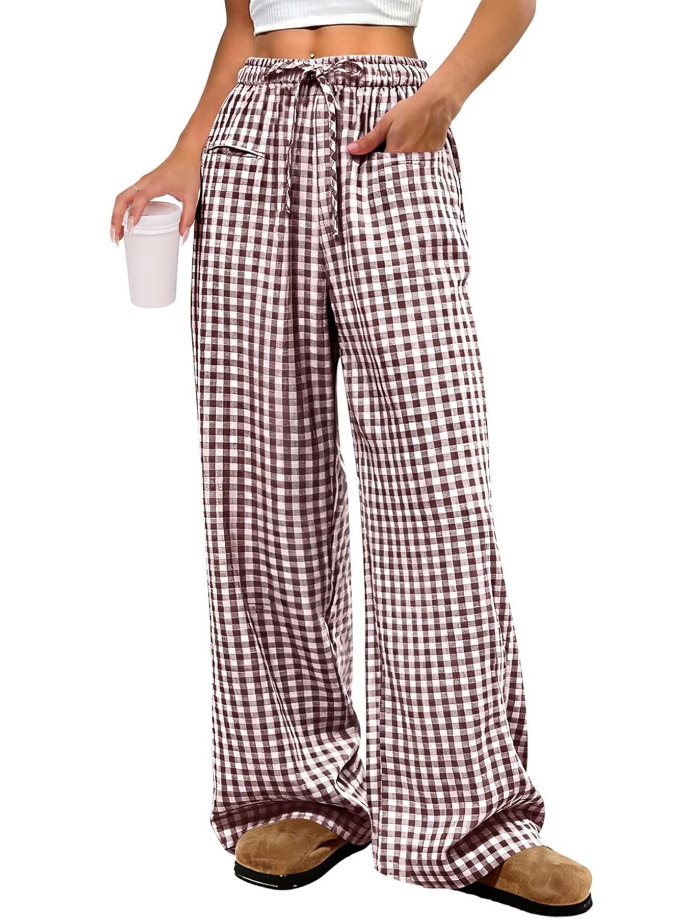 Women's Plaid Wide Leg Pants, Casual Loose-Fitting Drawstring Design, Comfortable Elastic Waist with Pockets, All Seasons Fashion, Womenswear