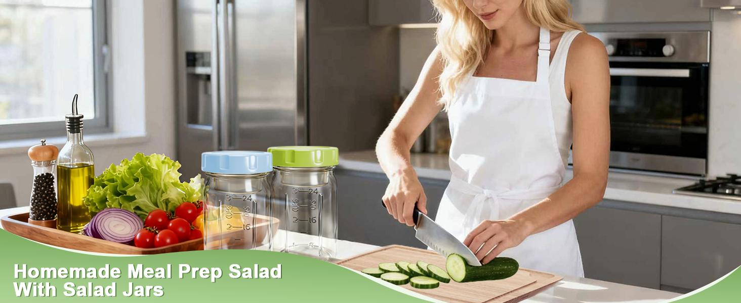 4 Pack Glass Salad Jars with Lids,32oz Mason Jars for Meal Prep,Leakproof Lunch Container with Two Small Built-in Boxes for Wet/Dry Separation of Salad Dressing and Dry Ingredients( Apricot White)