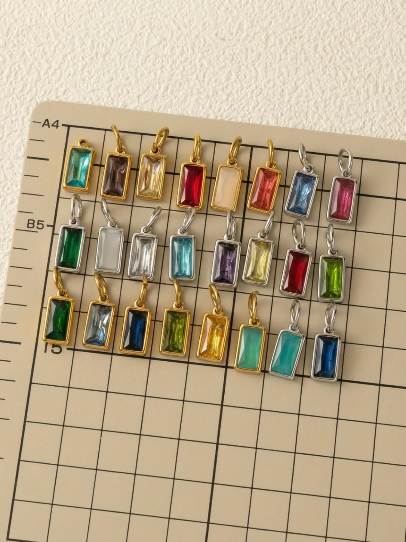 1PC Fashion Bohemian Style Pendant, set with synthetic cubic zirconia, multicolored, rectangular, December birthstone, stainless steel plated with 18K gold, suitable for DIY fashion accessories such as keychains, bags, and jewelry.