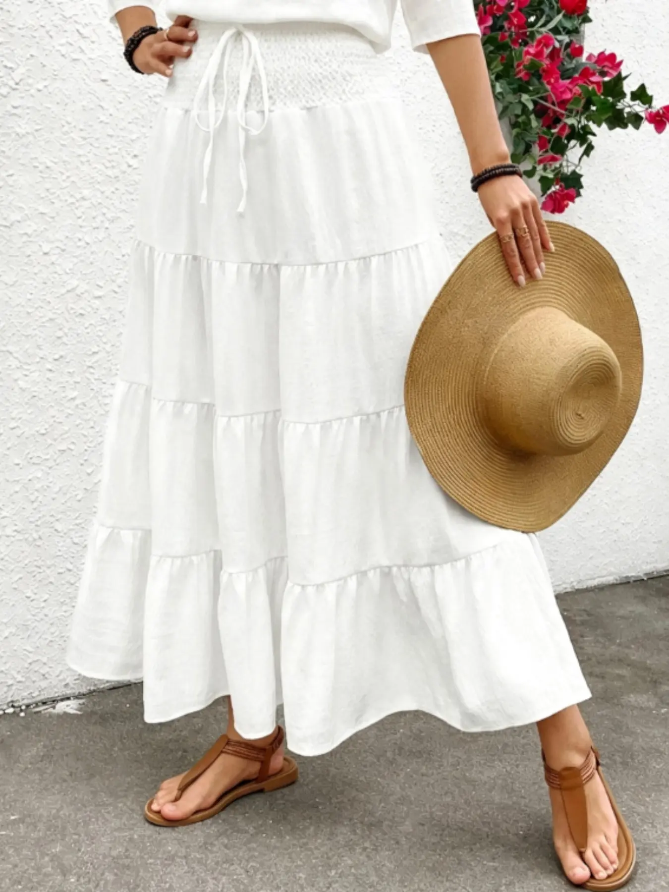 Boho Style Drawstring High Waist Ruffle A-Line Long Dress, Fitted Elasticity Design, Women's Fashion, Womenswear, Chic, Perfect for Casual Wear, Bohemian Maxi Skirt, Boho Skirts, Pleated