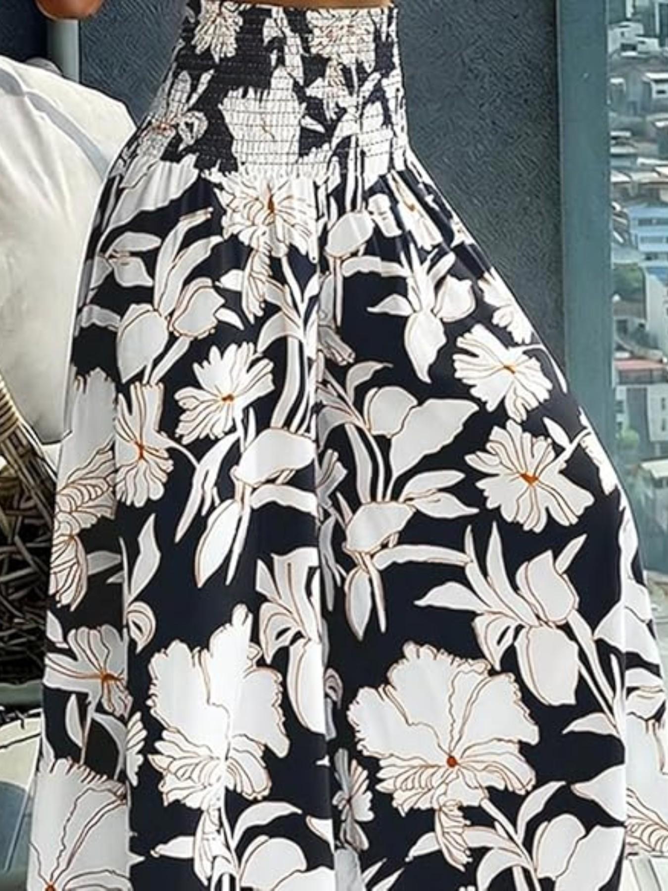 Boho Print Ruched Flowy High Waisted Wide Leg Pants, Bohemian Wide Leg Flowy Long Pants for Summer Beach Vacation, Casual Boho Pants, Women's Fashionable Loose-Fitting Bottoms