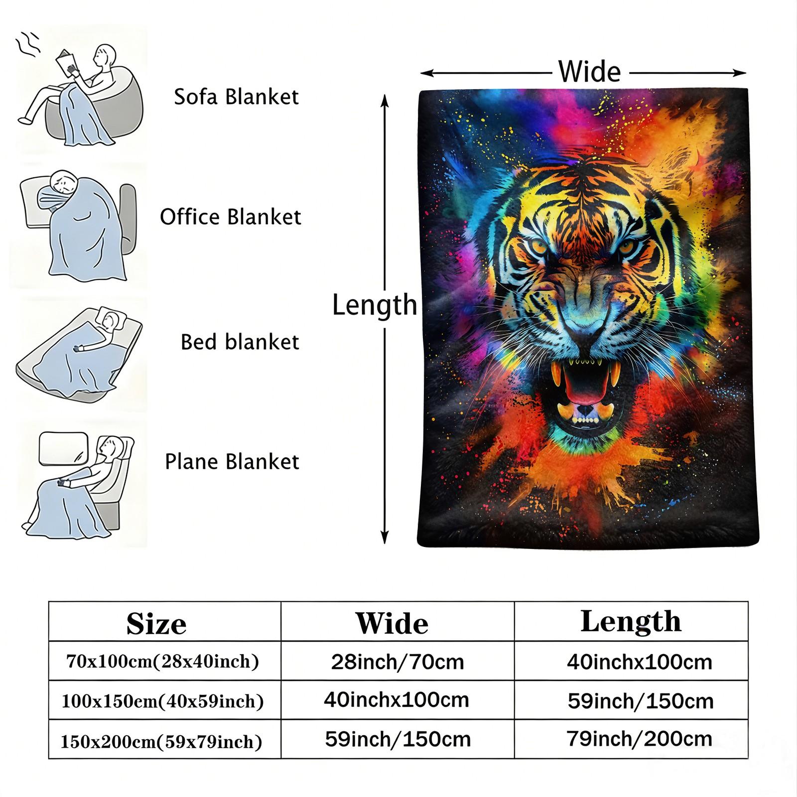 Vibrant Tie-Dye Tiger Print Flannel Throw Blanket, Soft Warm Cozy Fleece Blanket for Couch Bed Sofa, Bold Colorful Tiger Decorative Blanket, All Season Plush Blanket, Perfect Gift Blanket for Home, Travel, Nap, All Ages