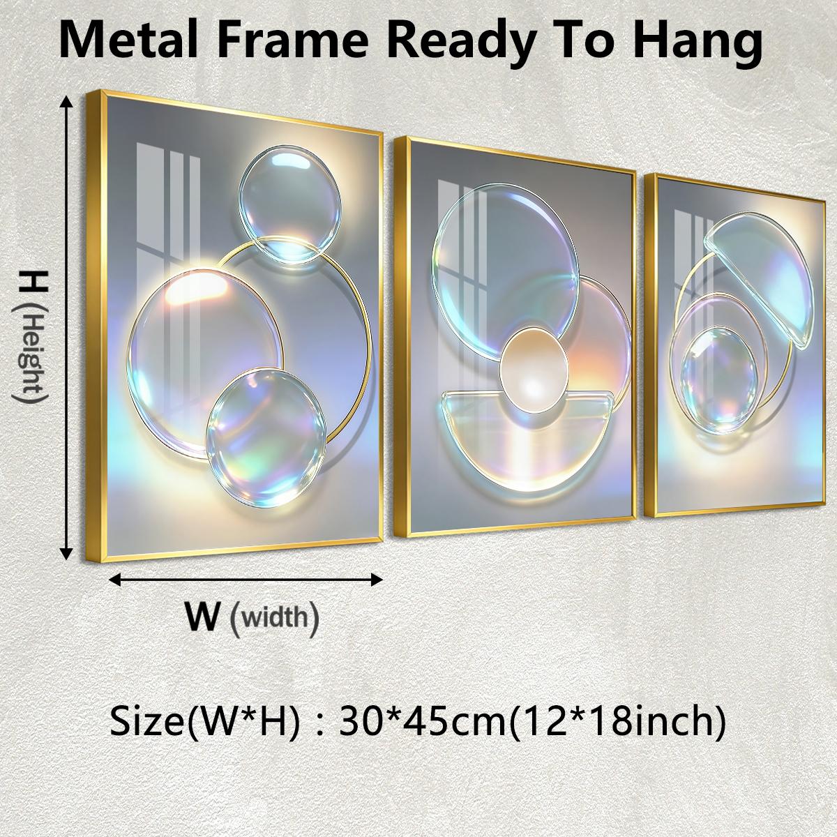 3 Counts Aluminum Alloy Framed Painting, Abstract Iridescent Glass Circles Design, Home Decoration For Living Room, Bedroom, Office, Restaurant, Hallway Wall Decor, Odorless Print Artwork, Luxury Perfect Gift For Friends And Family