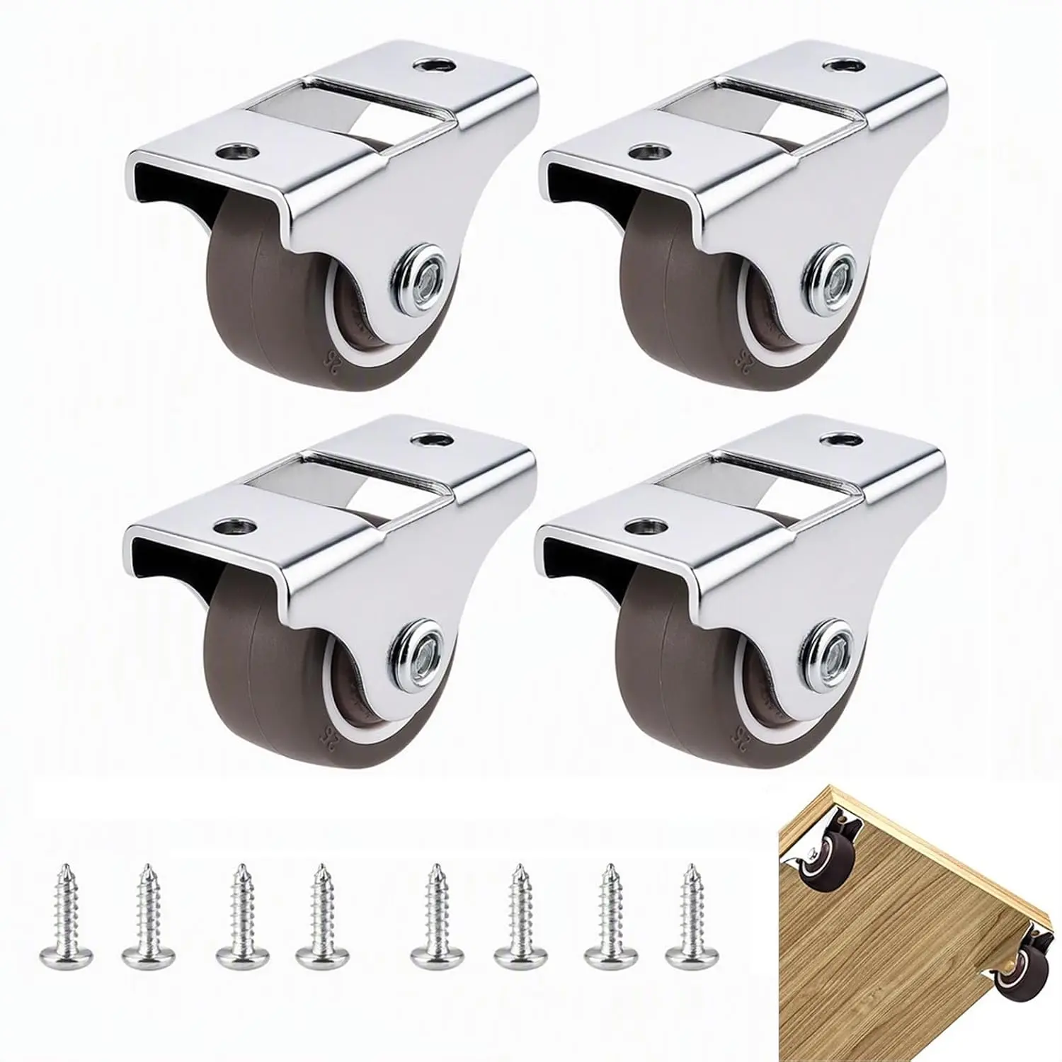 Mini Fixed Caster Wheels 1-inch Mini Caster Wheels, Set of 4, Steel Frame with TPE Rubber, for Small Furniture ﻿