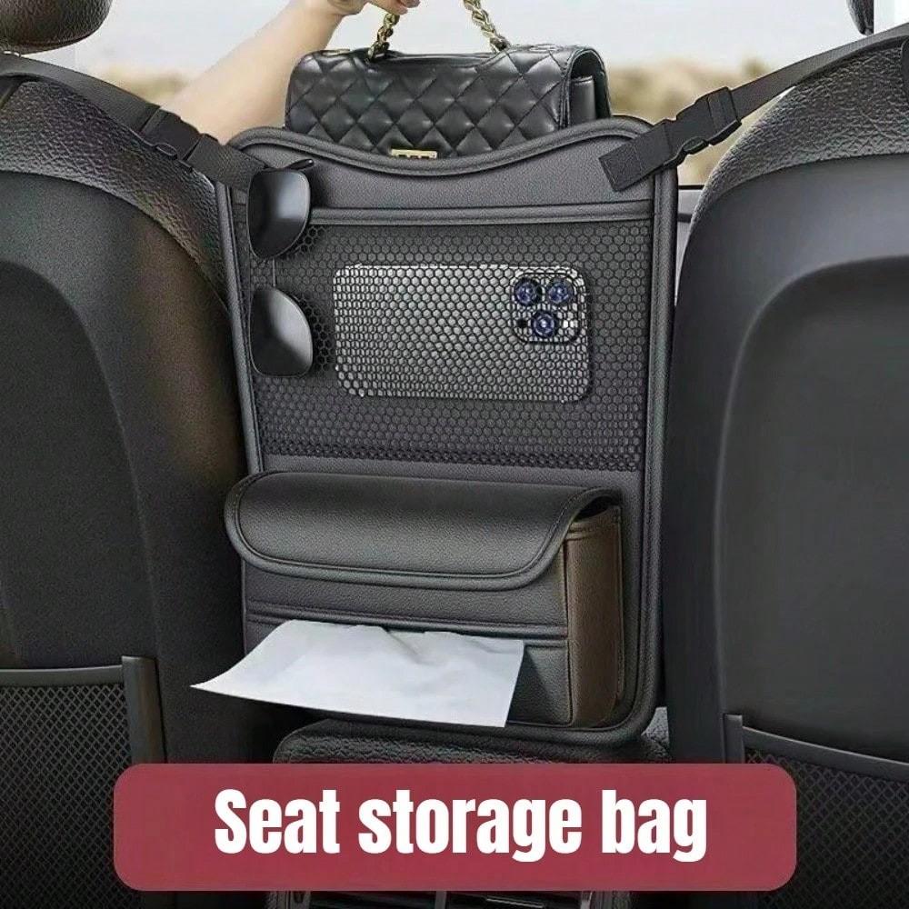 Car Organizer Storage Between Seats, PU Leather Front Seat Storage Bag with Tissue Holder, Automotive Console Hanging Net Pocket Handbag Holder for Phone Document