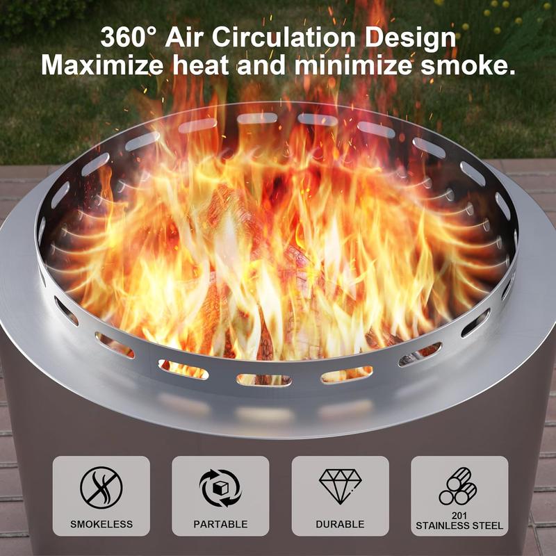 Kullavik 19 Inch Outdoor Fire Pit, Metal Firepit Stove Smokeless Portable Stainless Steel with Weather Resistant Cover, Wood Burning for Backyard Garden Camping, Safety Modern Design