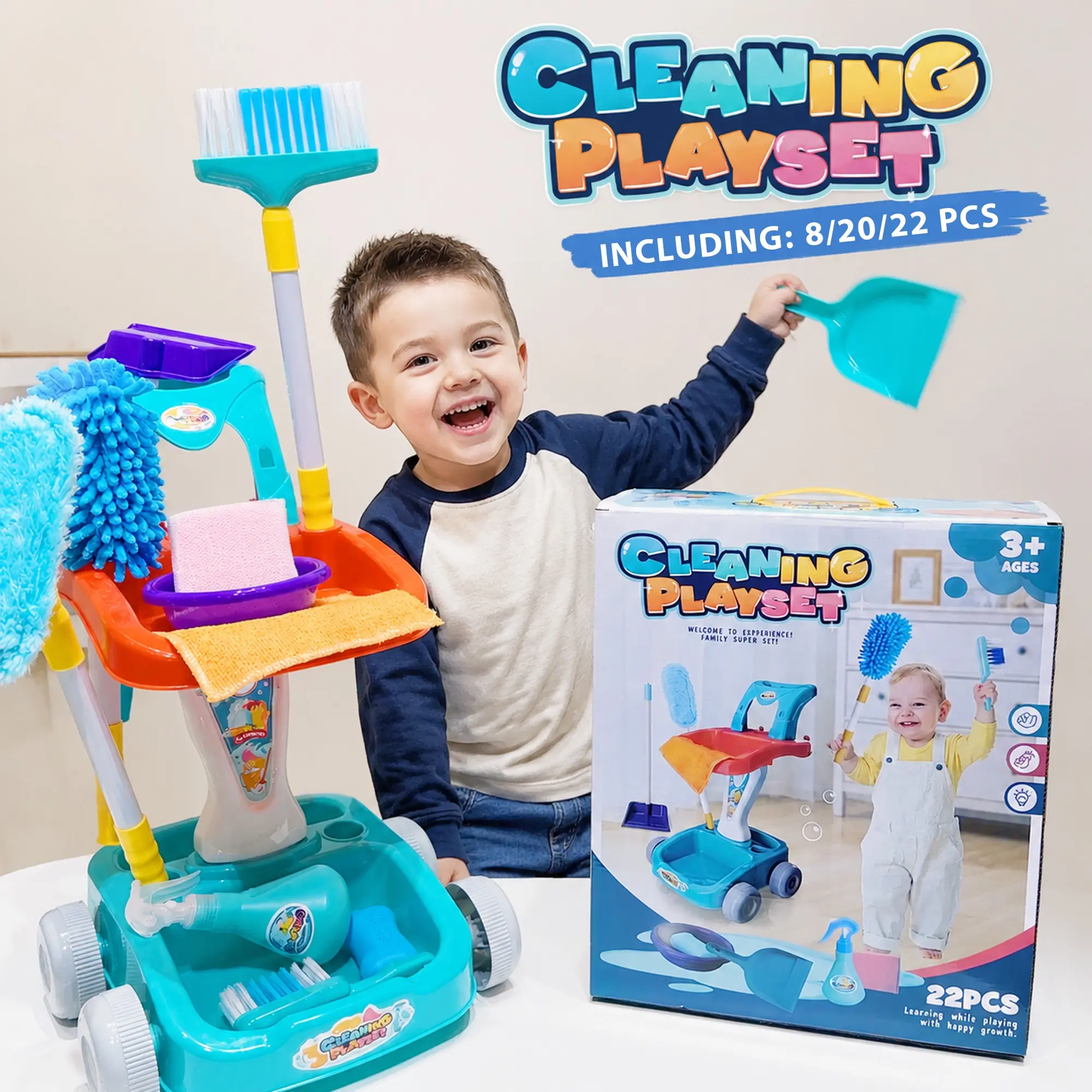 Early Learning Cleaning Toy Set, Adjustable Mini Broom Brush Kit, 8/20/22 Pieces, Develops Motor Skills, Ages 3-9, Gift for Kids