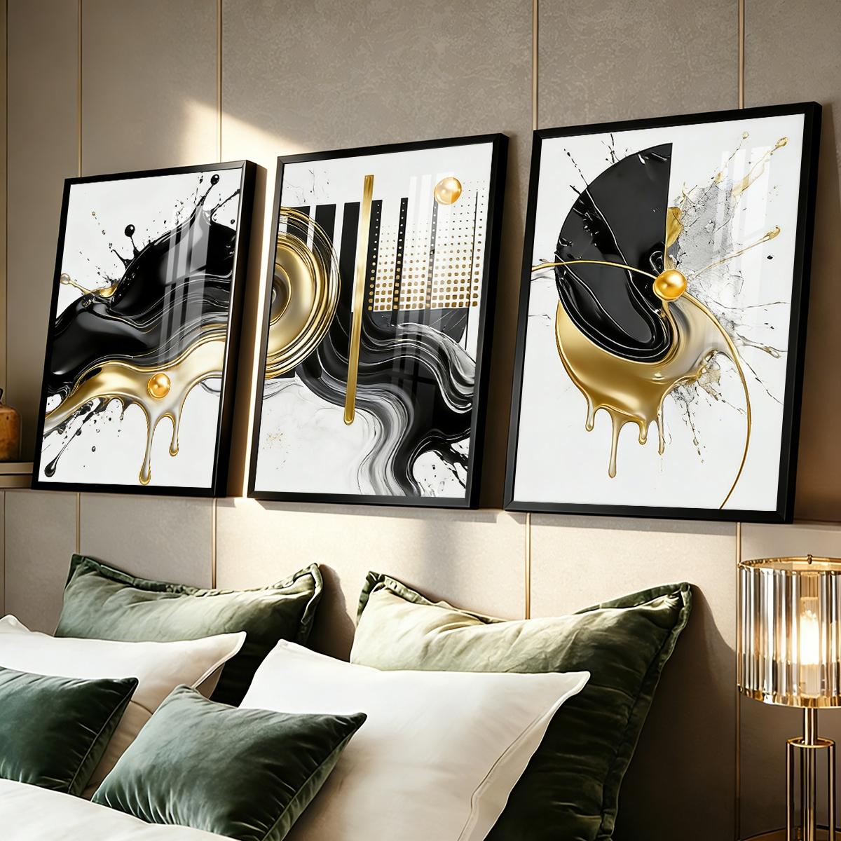 3 Counts Aluminum Alloy Framed Painting, Abstract Black And Gold Fluid Art Pictures, Home Decoration For Living Room, Bedroom, Office, Restaurant, Hallway Wall Decor, Odorless Print Artwork, Luxury Perfect Gift For Friends And Family