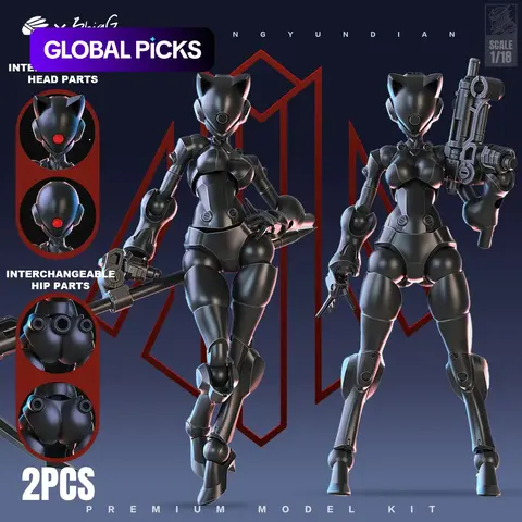 1/18 Mecha Cat Ear Model Kit, 3.75 Inch Highly Movable Female Armor Body, 2-Pack with Replacement Hands & Accessories, Collectible Desktop Display, Poseable Figurine #GLOBAL PICKS