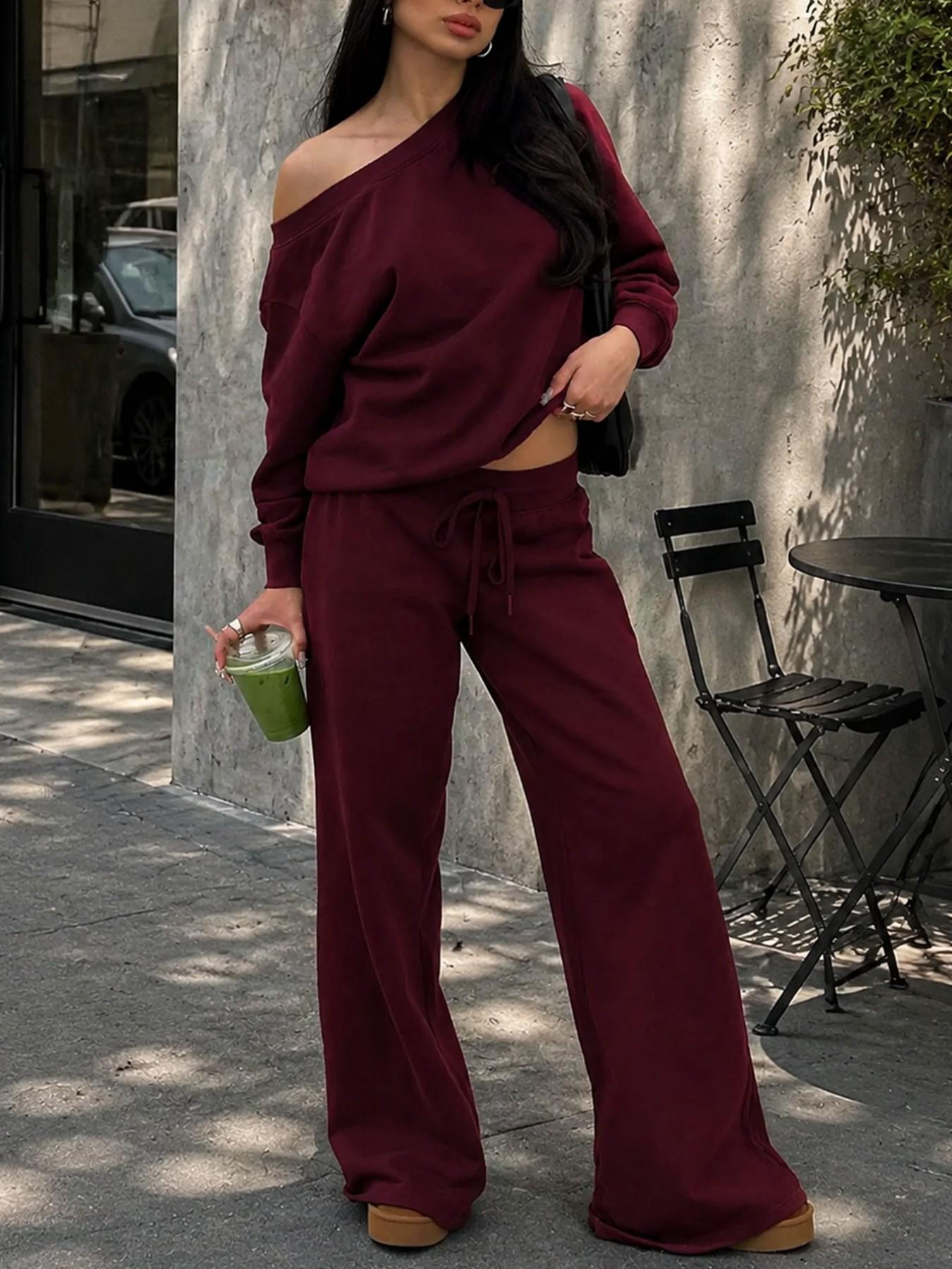 Casual Two-Piece Set, Long Sleeve Asymmetrical Top + High-Waist Drawstring Wide-Leg Pants, Slimming Loose Fit for Women
