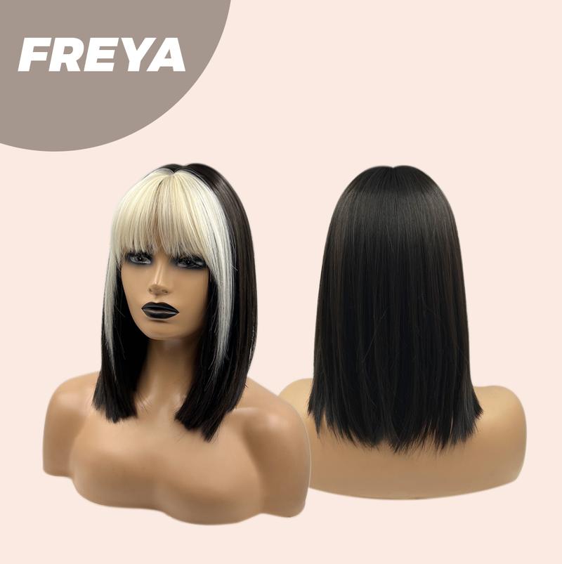 JBEXTENSION 14 Inches Bob Cut Short Straight Black With White Bangs Wig FREYA