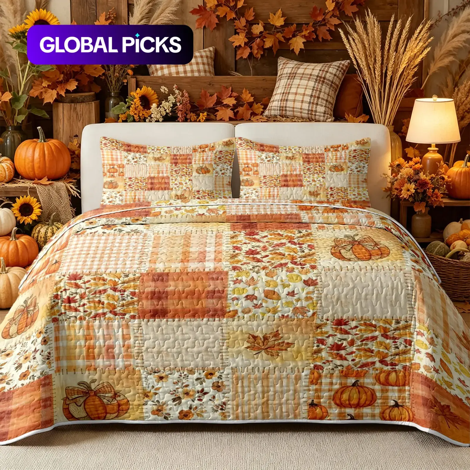 3-Piece Thanksgiving Patchwork Quilted Bedspread Set, Checkered Maple Leaf and Pumpkin Print Bedspread, Soft and Reversible, Includes Two Pillowcases, Comforter Not Included, Autumnal Ambiance, Festive Bedding for Bedrooms and Guest Rooms