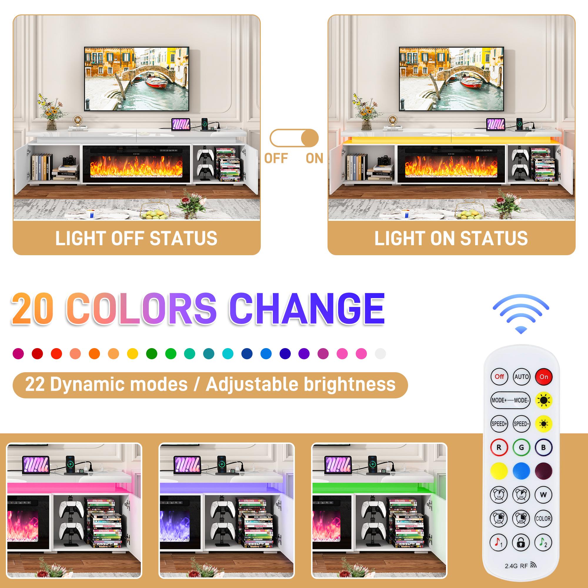 LED TV Stand for 70/75/80/85/90/95 inch TV/Fireplace TV Stand , TV Stand with 40" Electric Fireplace & Power Outlet, High Gloss Surface, 2 Storage Cabinet, Modern Style for Living Room (83 Inch/71 Inch, White/Black)