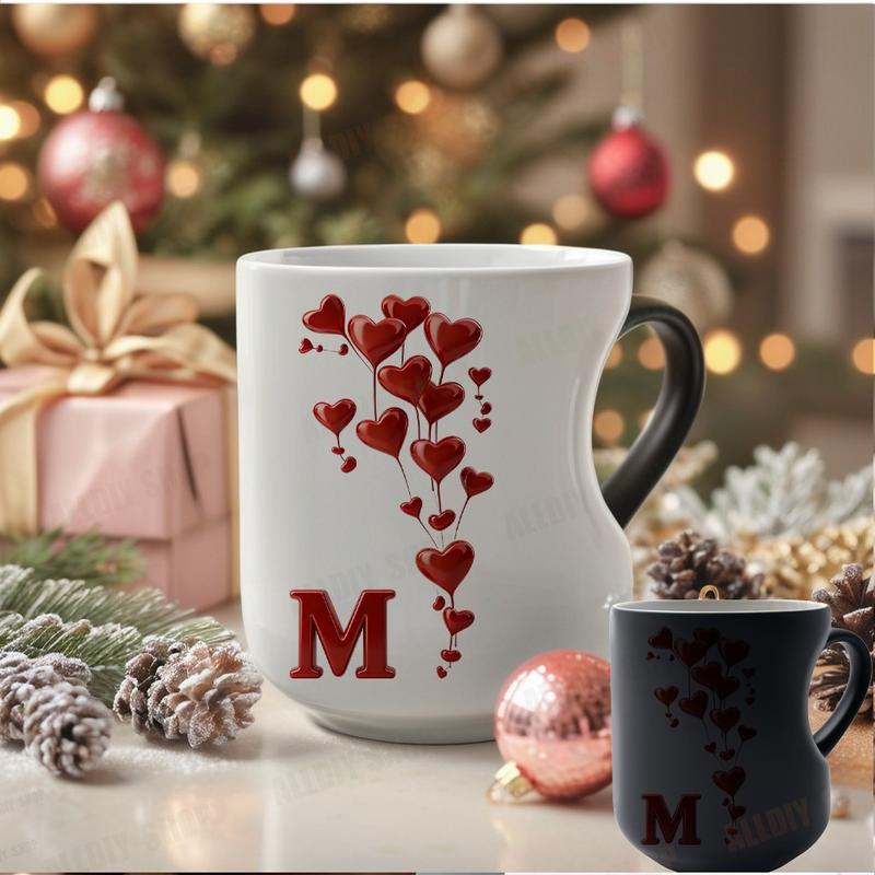 Color Changing Mug A-Z Initial Heart Coffee Cup, Thermosensitive Ceramic Mug with Heart-Shaped Handle, 11 Oz/330 Ml, Valentine's Day Gift